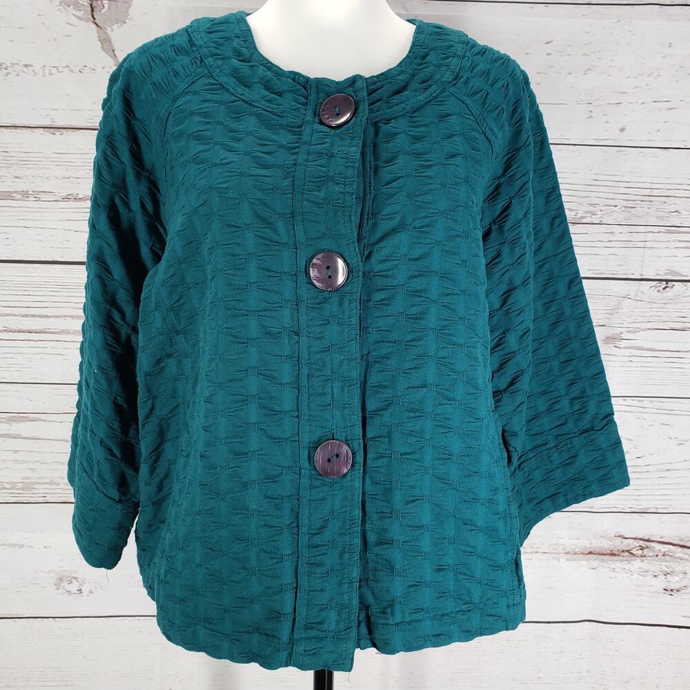 Beverly's Women's Teal Shirred Button Up Blazer Jacket Size Large